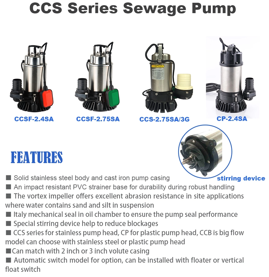 400W Construction Civil Engineering Sludge Slurry Waste Water Vortex Stainless Steel Submersible Centrifugal Sewage Water Pump with Floater